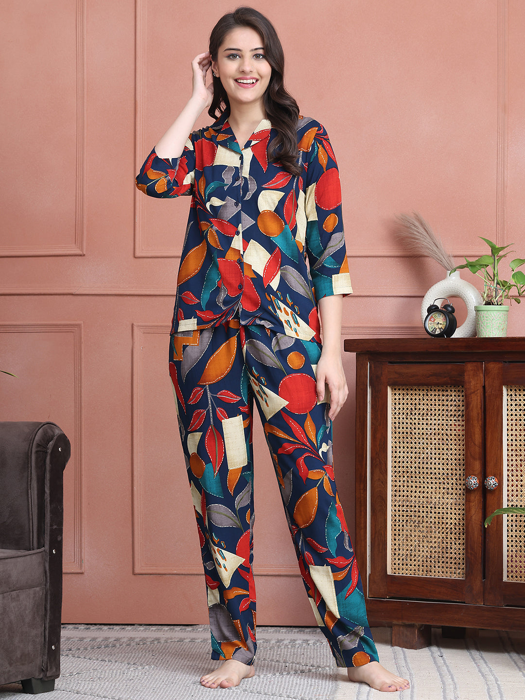 Woman wearing Navy Blue Floral Night Suit