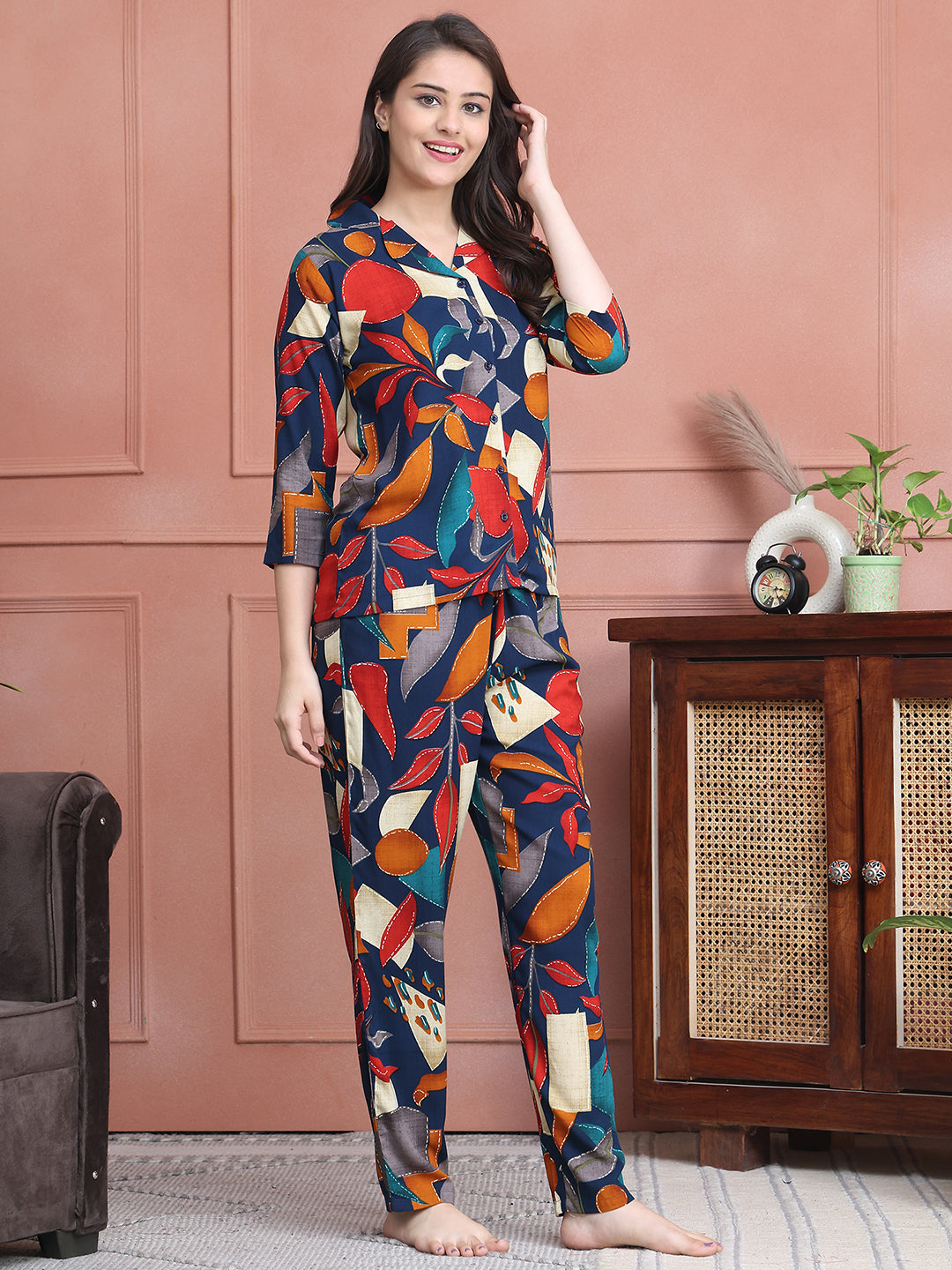 Navy Blue Colour Floral Printed Viscose Rayon Night Suit