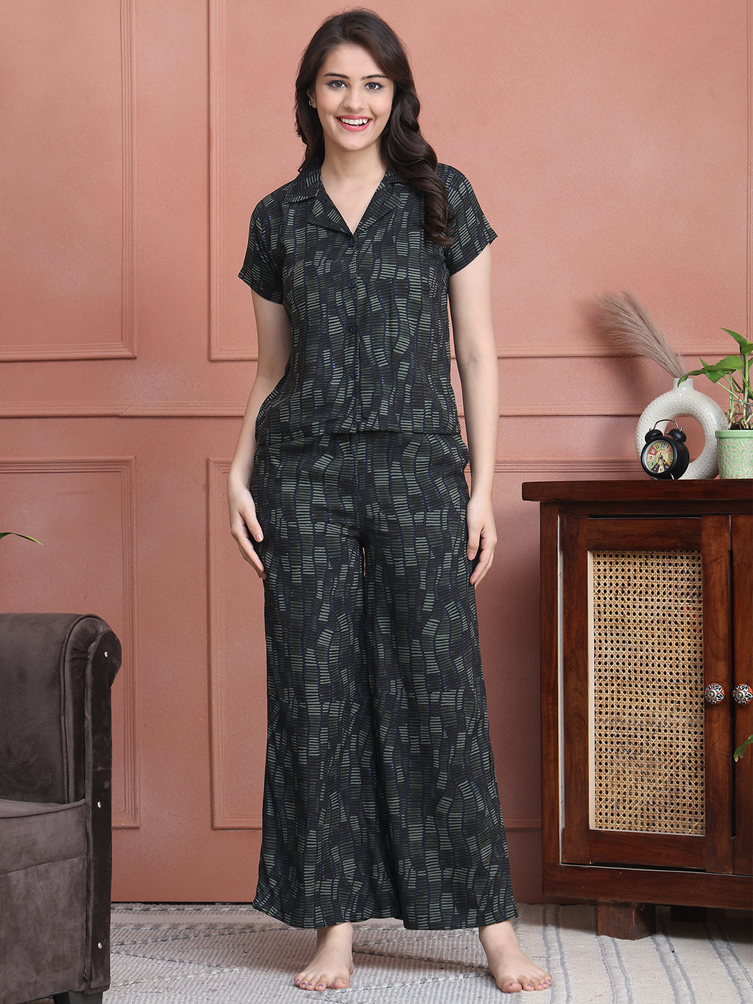 Black Colour Striped Printed Viscose Rayon Night Suit