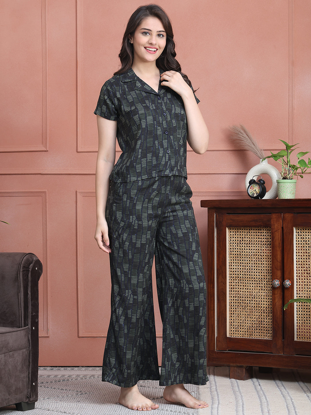 Black Colour Striped Printed Viscose Rayon Night Suit