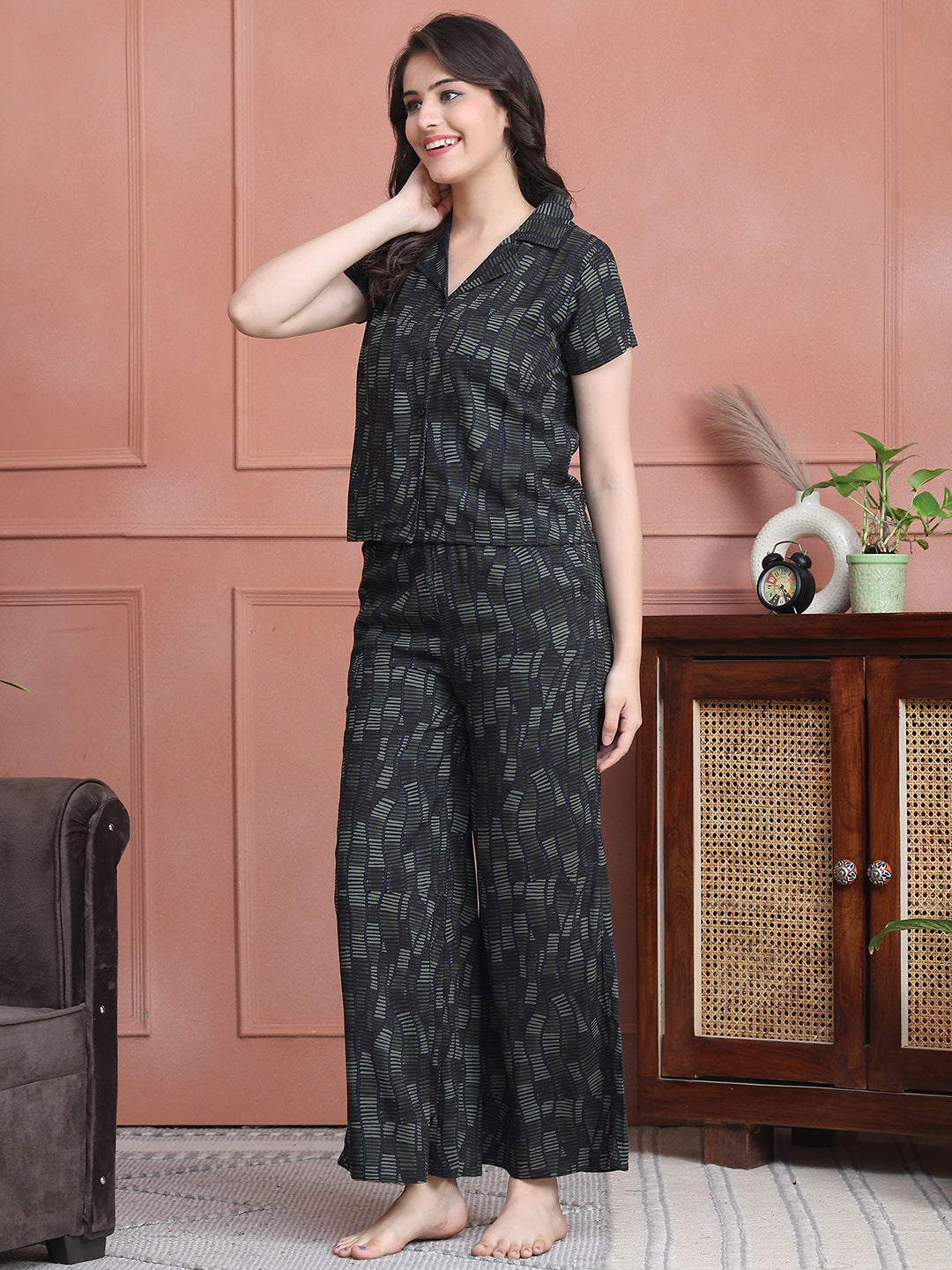 Black Colour Striped Printed Viscose Rayon Night Suit