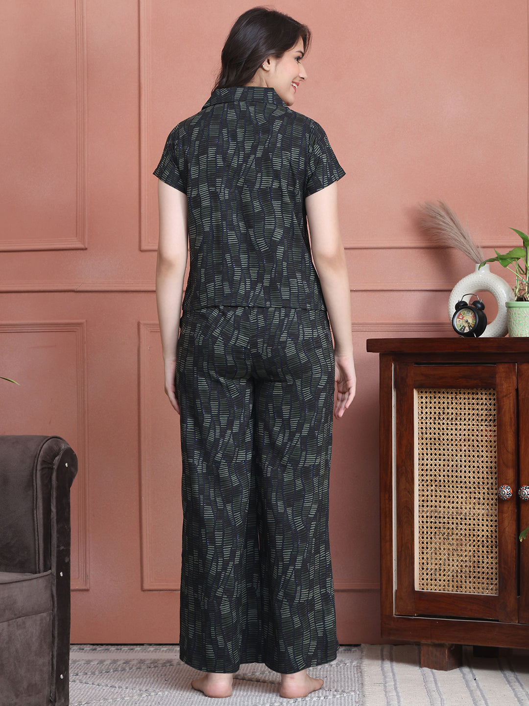 Black Colour Striped Printed Viscose Rayon Night Suit