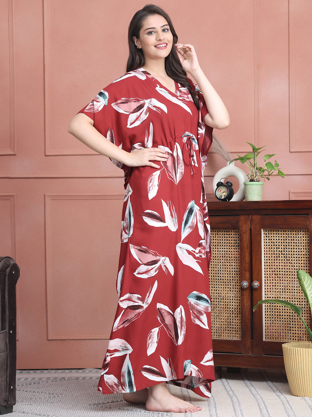 Close-up of viscose rayon fabric on red Kaftan Dress