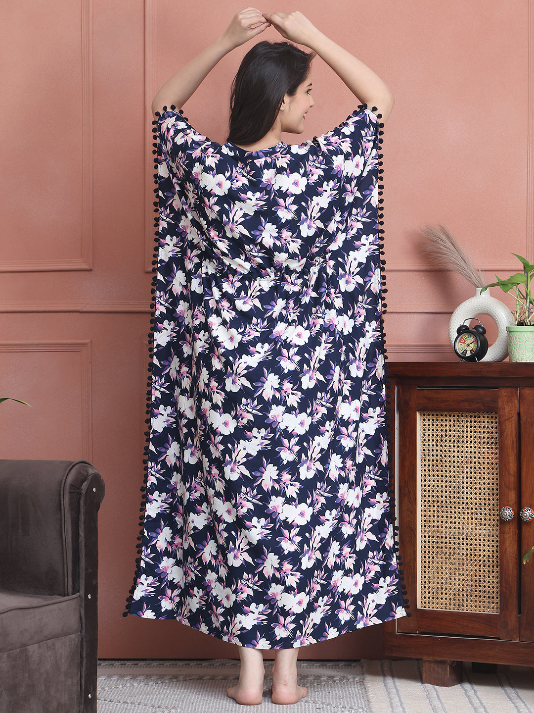 Navy Blue Colour Abstract Printed Viscose Rayon Kaftan For Women