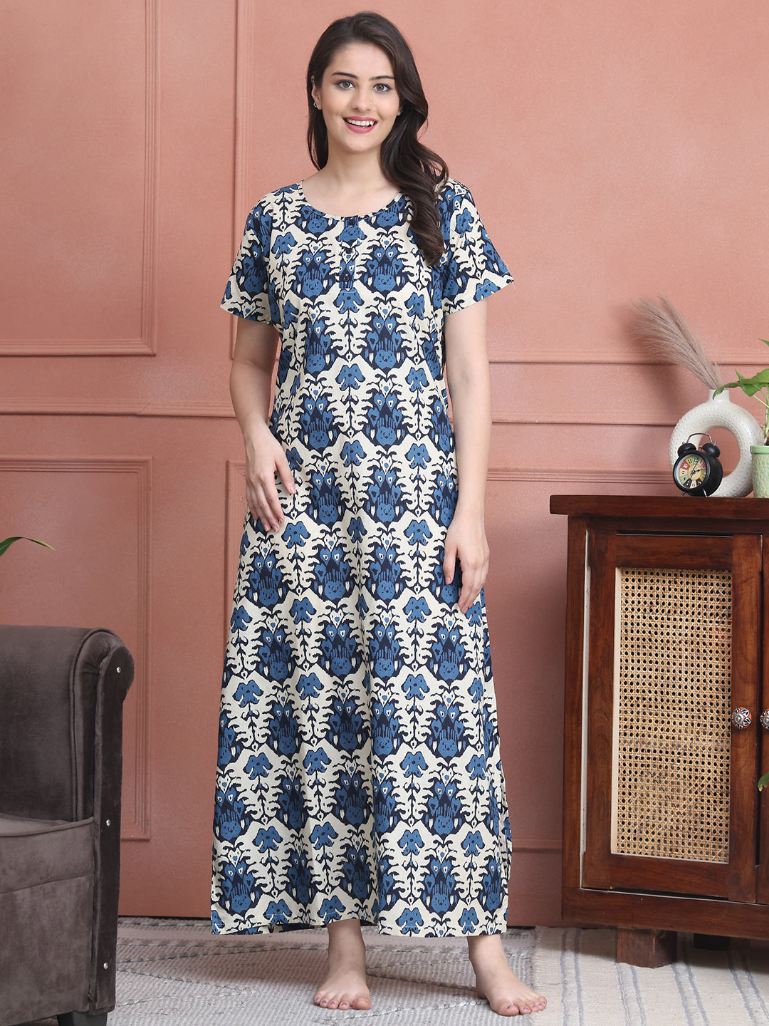 Blue Colour Abstract Printed Pure Cotton Nighty For Women