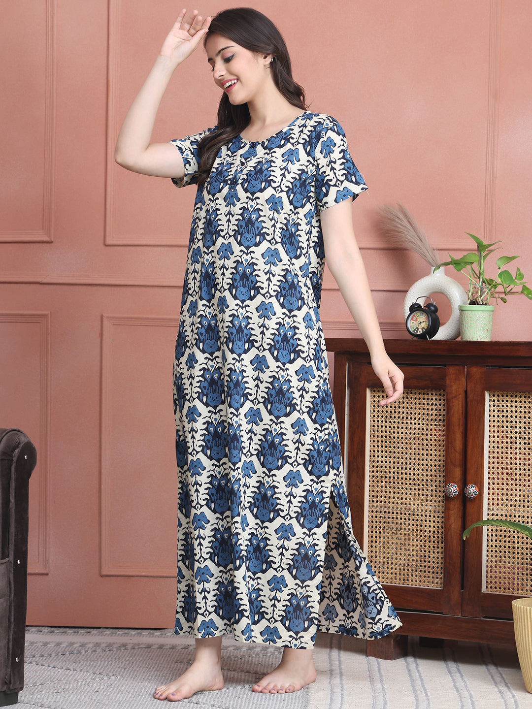 Blue Colour Abstract Printed Pure Cotton Nighty For Women