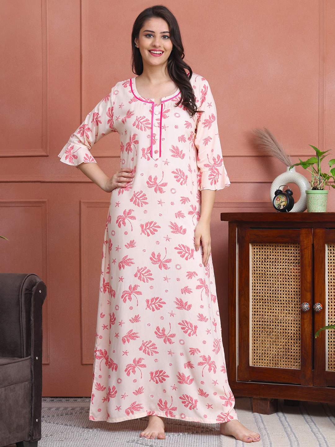 Pink Colour Abstract Printed Viscose Rayon Nighty For Women