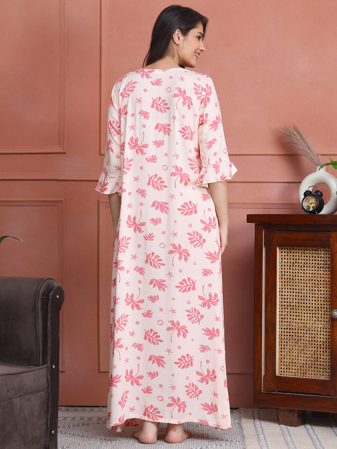 Pink Colour Abstract Printed Viscose Rayon Nighty For Women