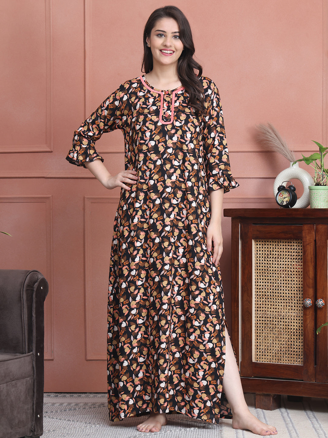 Black Colour Abstract Printed Viscose Rayon Nighty For Women