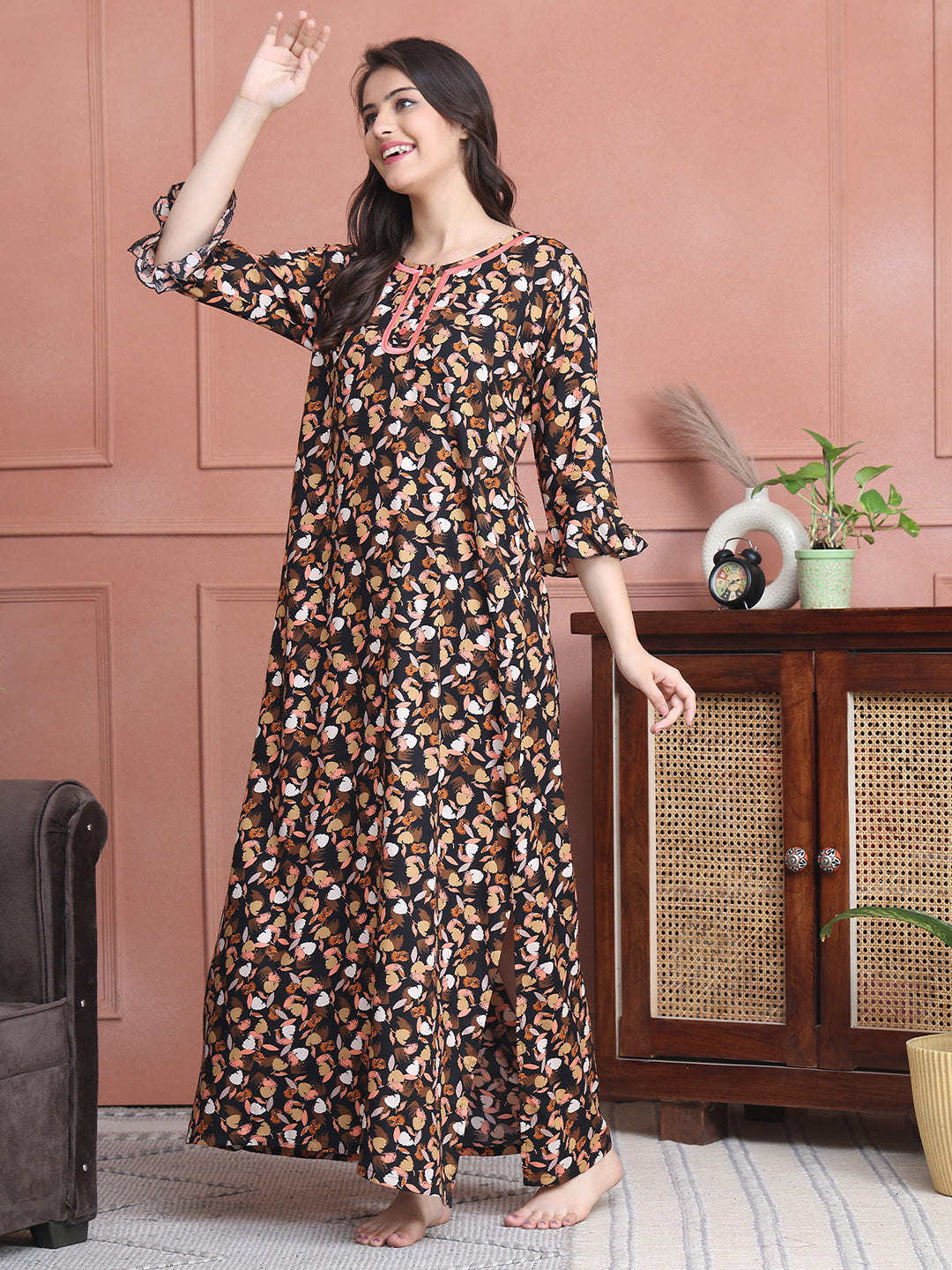 Black Colour Abstract Printed Viscose Rayon Nighty For Women