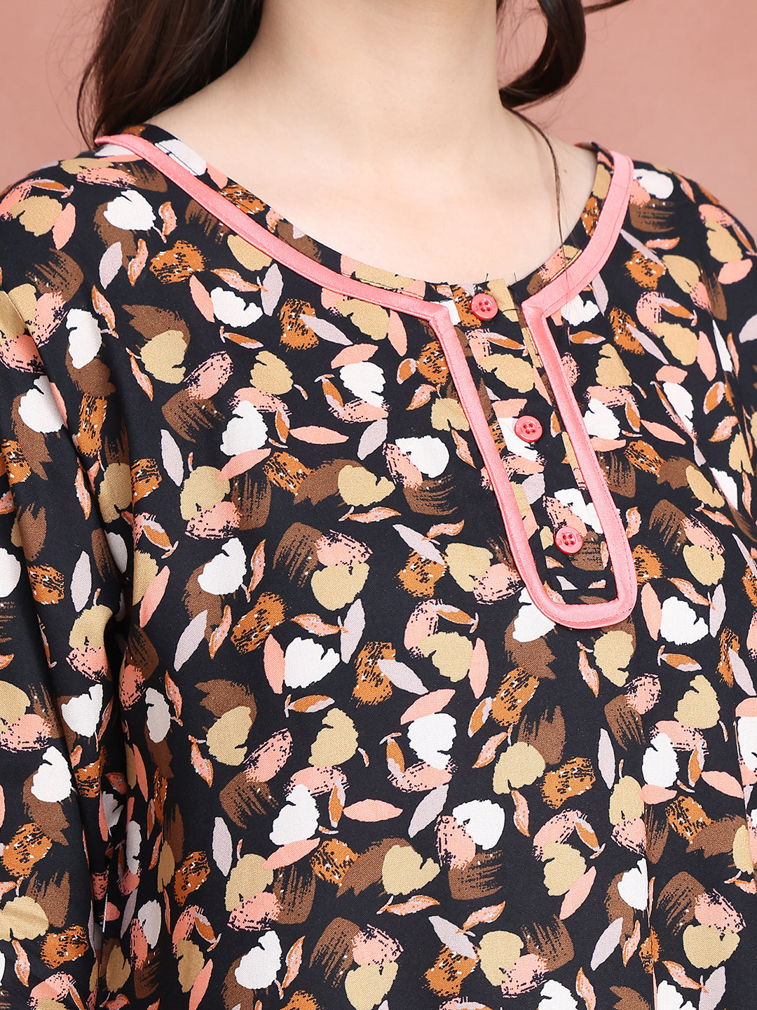Black Colour Abstract Printed Viscose Rayon Nighty For Women