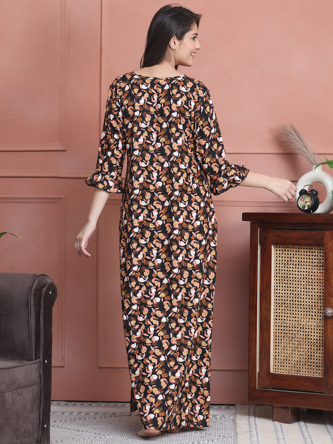 Black Colour Abstract Printed Viscose Rayon Nighty For Women