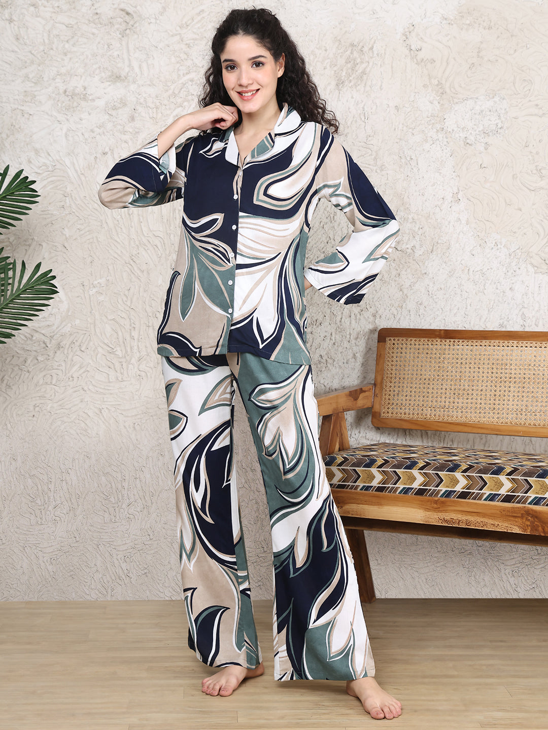 Blue Colour Abstract Printed Viscose Rayon Night Suit For Women