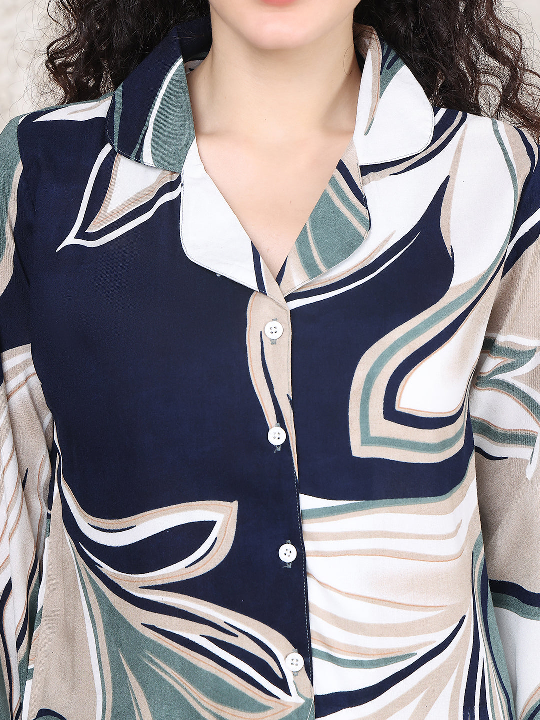 Blue Colour Abstract Printed Viscose Rayon Night Suit For Women