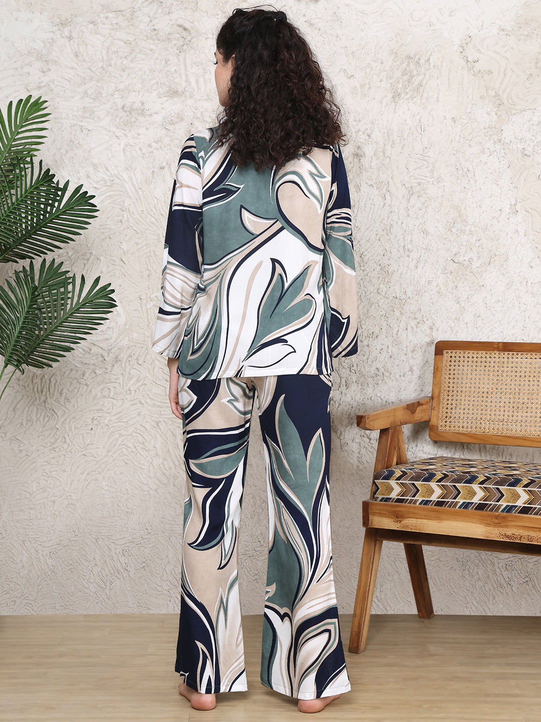 Blue Colour Abstract Printed Viscose Rayon Night Suit For Women