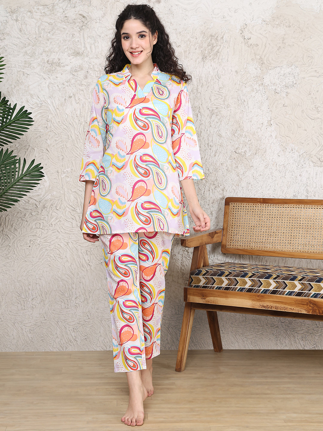 Multi Colour Abstarct Printed Cotton Night Suit For Women