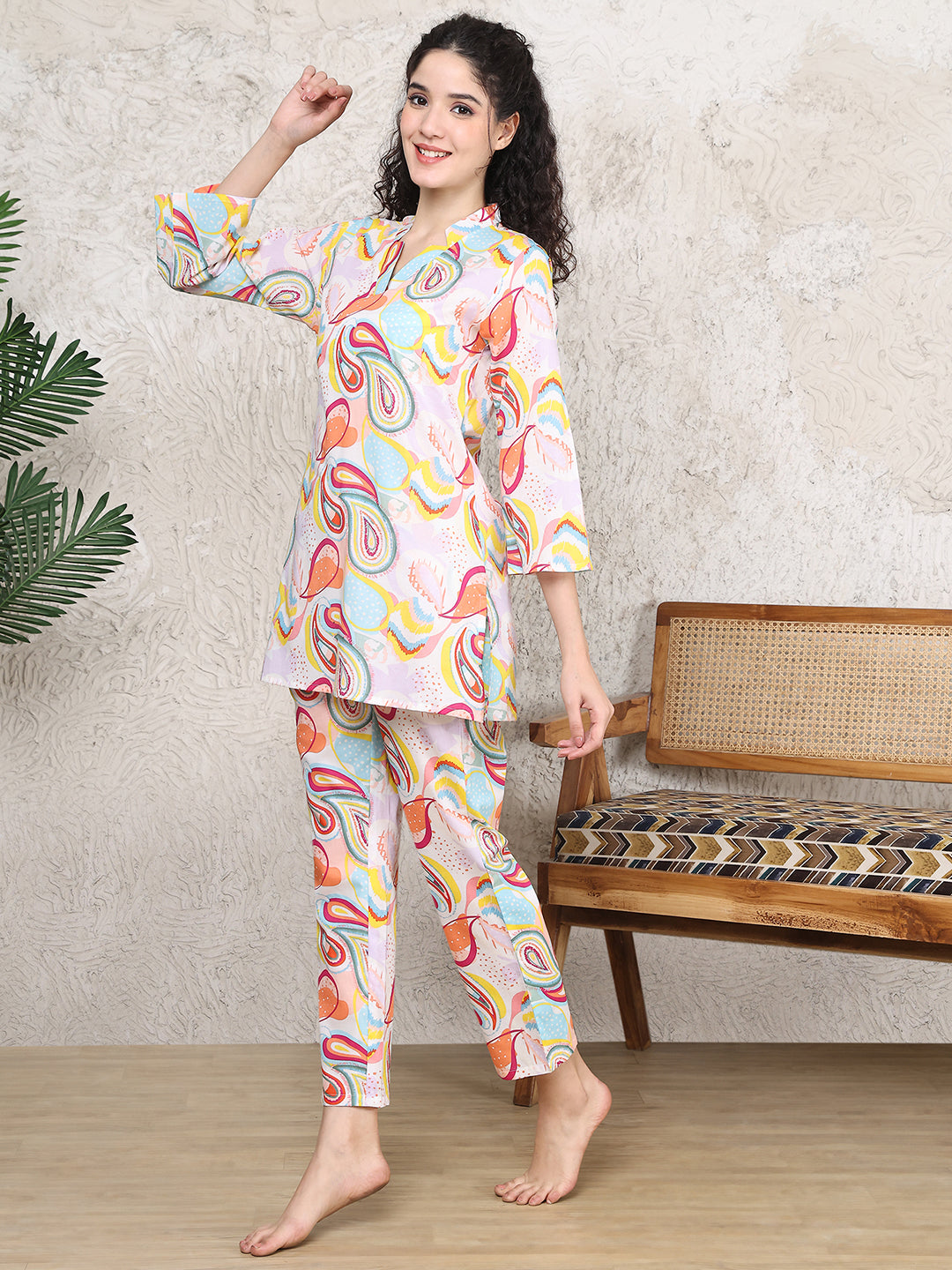 Multi Colour Abstarct Printed Cotton Night Suit For Women