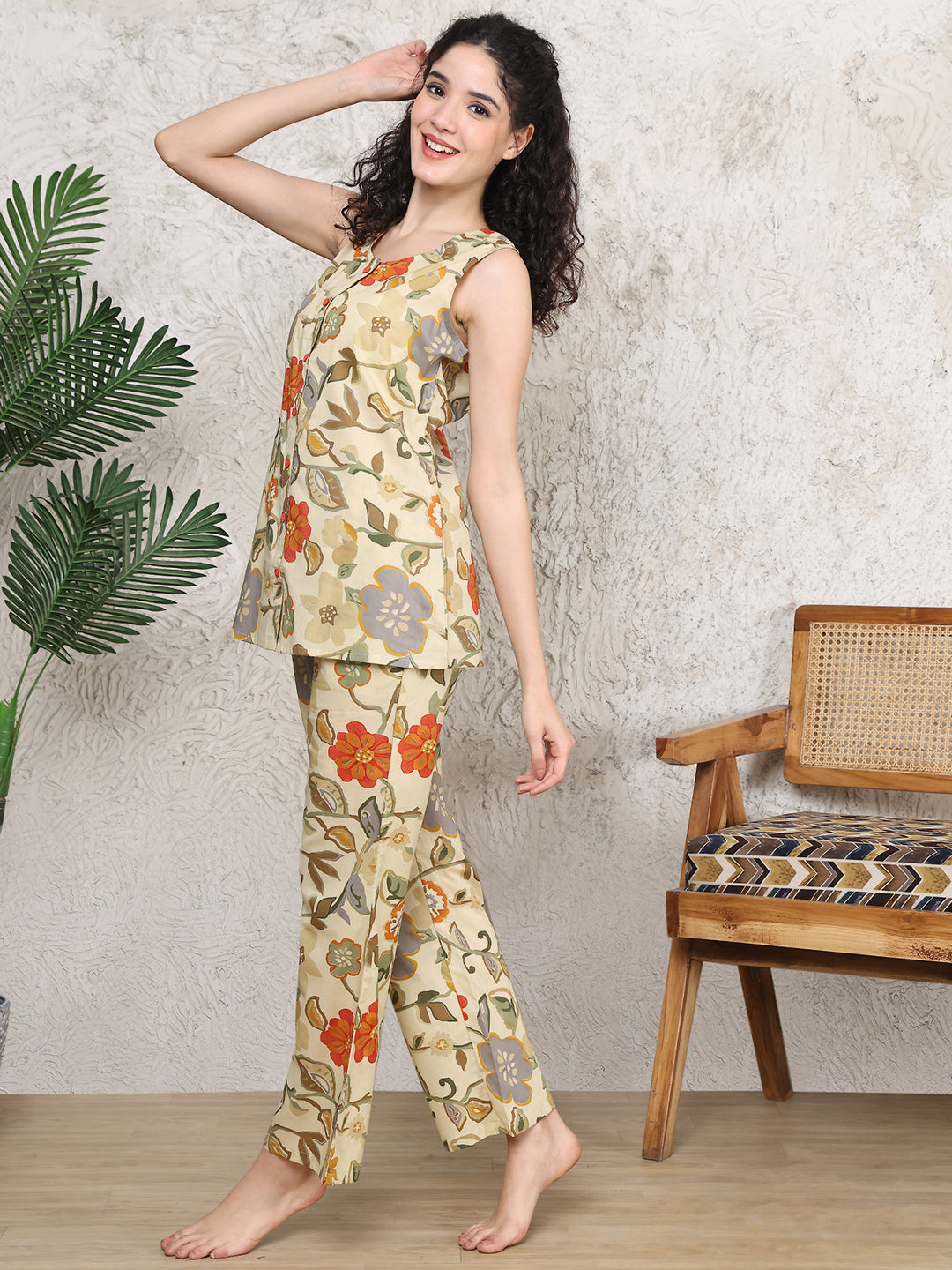 Cream Colour Floral Printed Cotton Night Suit For Women