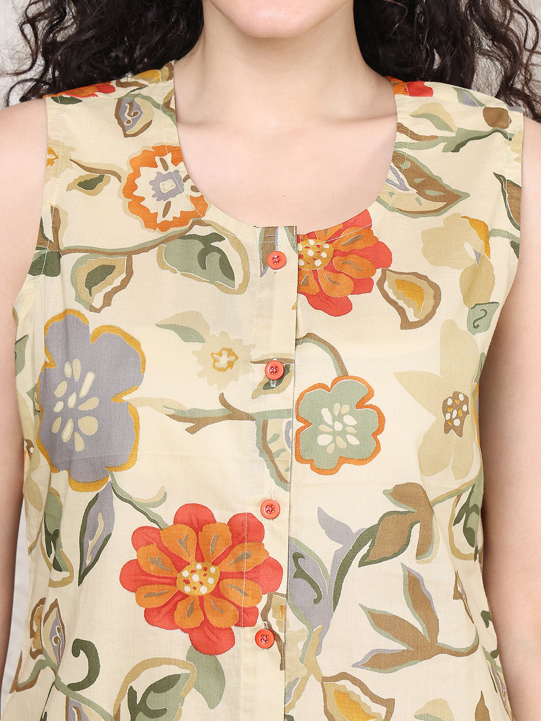 Cream Colour Floral Printed Cotton Night Suit For Women
