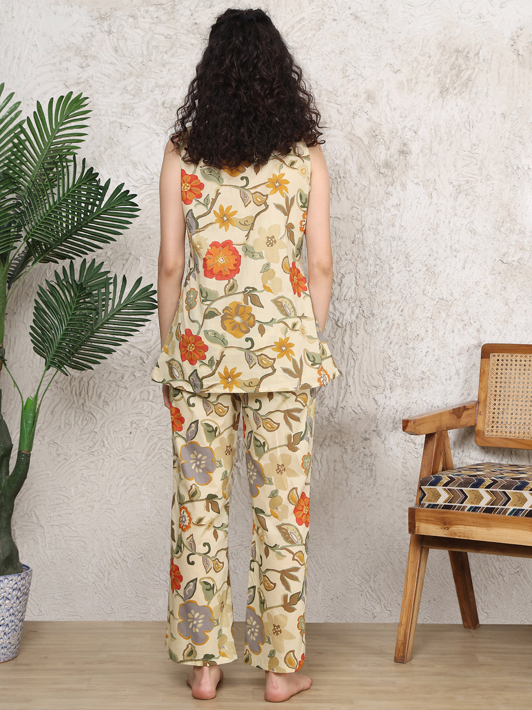 Cream Colour Floral Printed Cotton Night Suit For Women