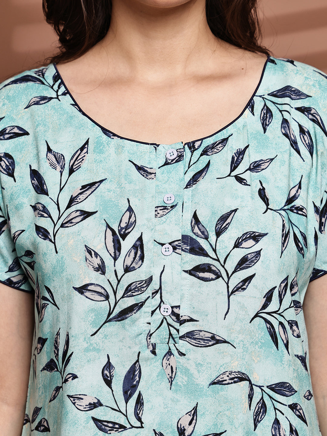 Blue Colour Abstract Printed Viscose Rayon Nighty For Women