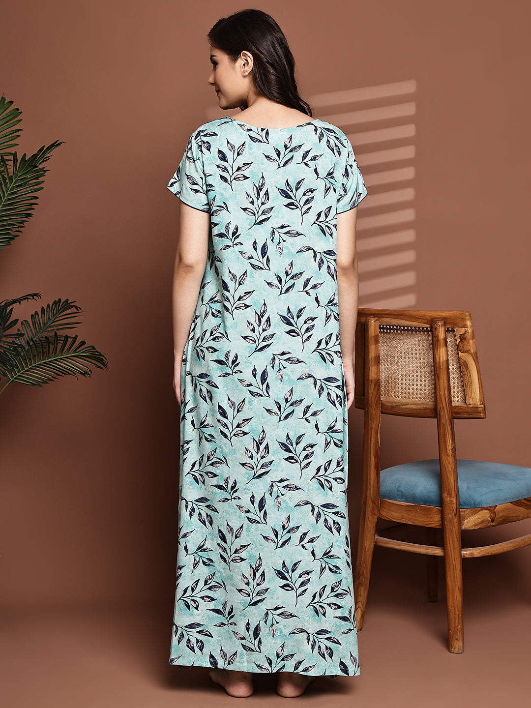 Blue Colour Abstract Printed Viscose Rayon Nighty For Women