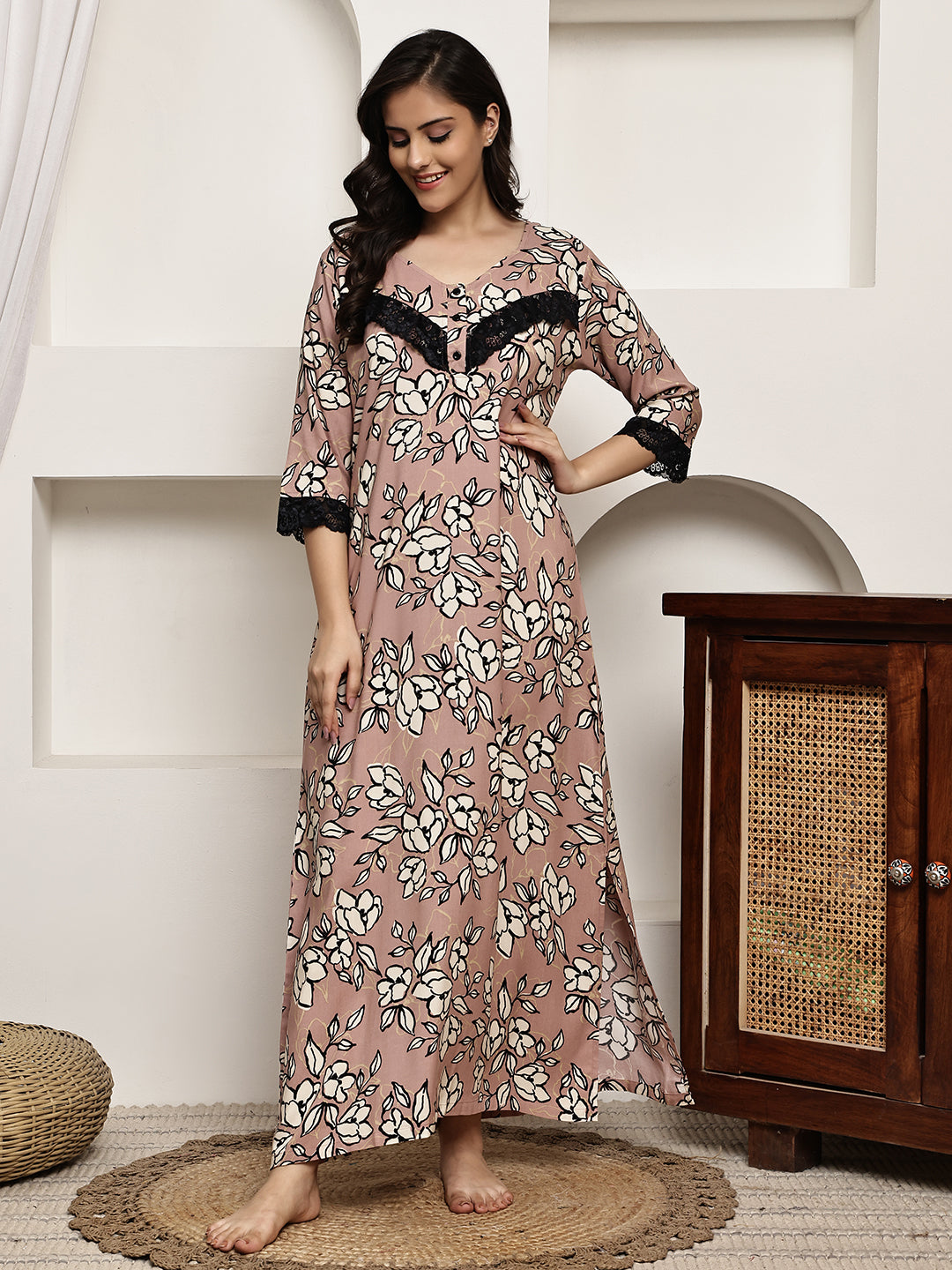 Pink Colour Floral Printed Viscose Rayon Nighty For Women