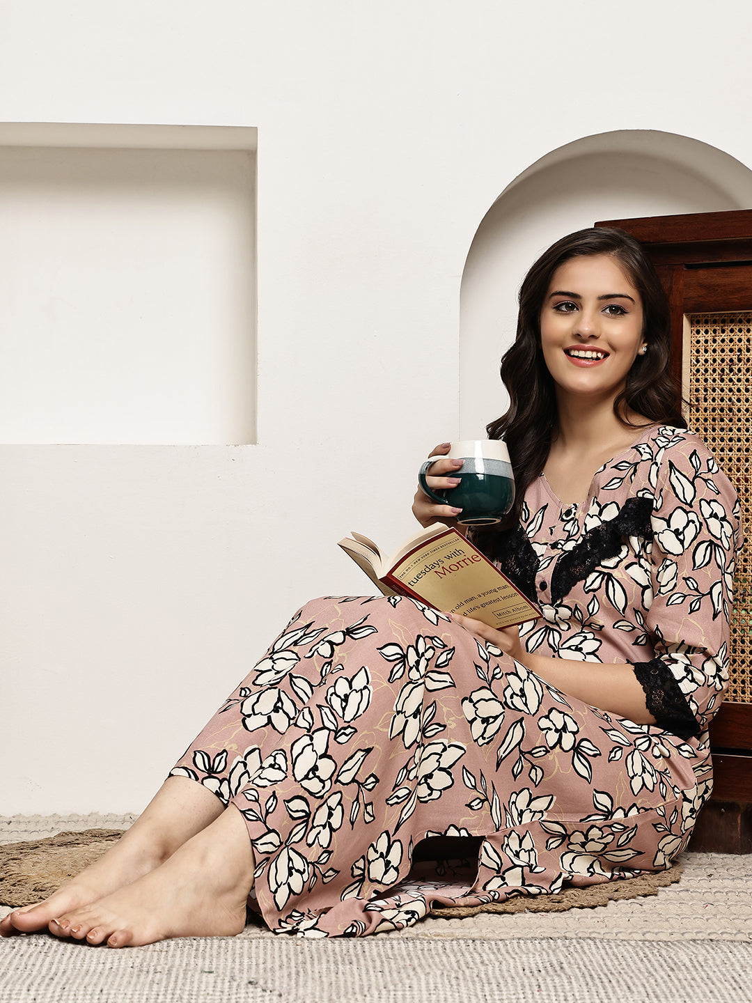 Pink Colour Floral Printed Viscose Rayon Nighty For Women