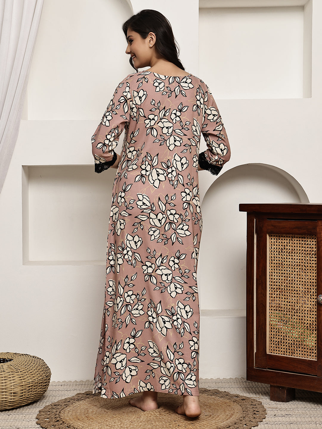 Pink Colour Floral Printed Viscose Rayon Nighty For Women