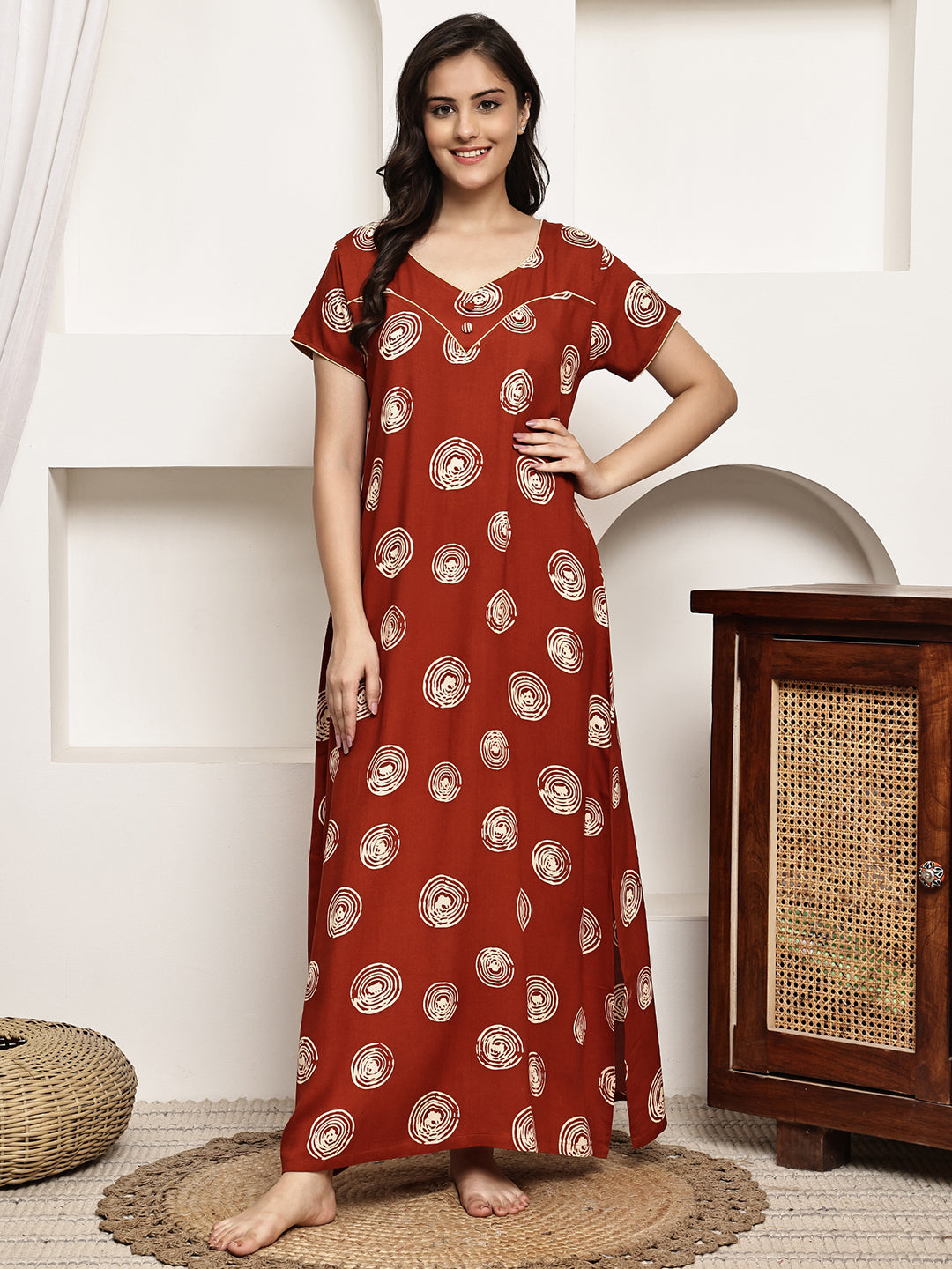 Rust Colour Geometric Printed Viscose Rayon Nighty For Women