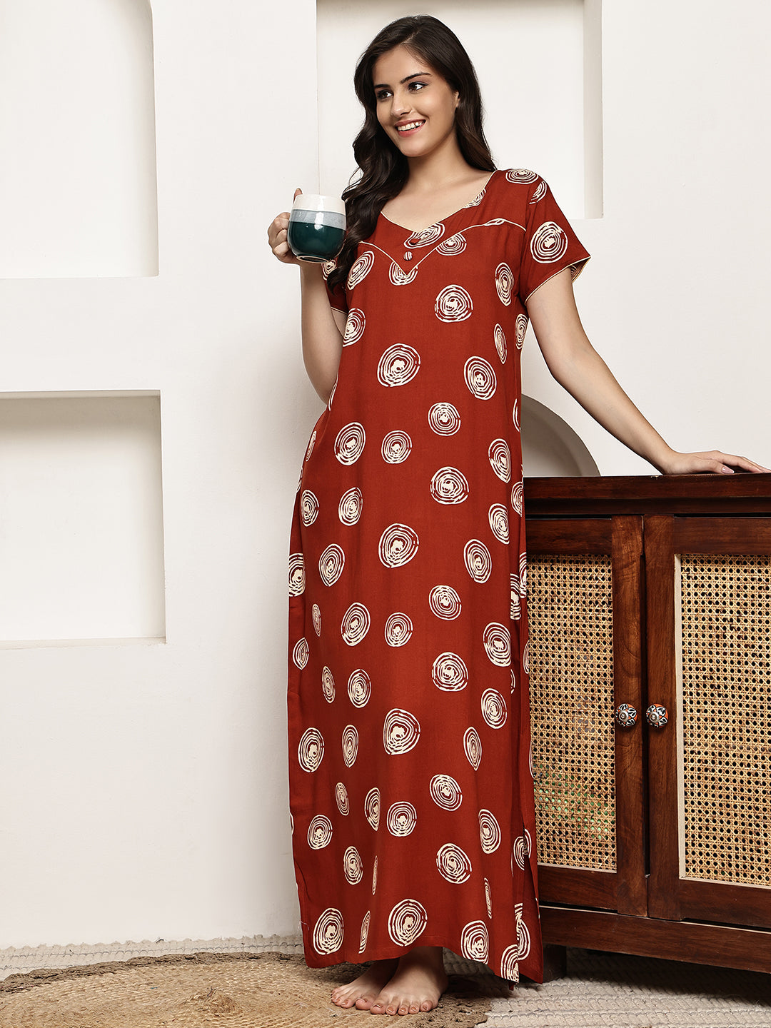 Rust Colour Geometric Printed Viscose Rayon Nighty For Women