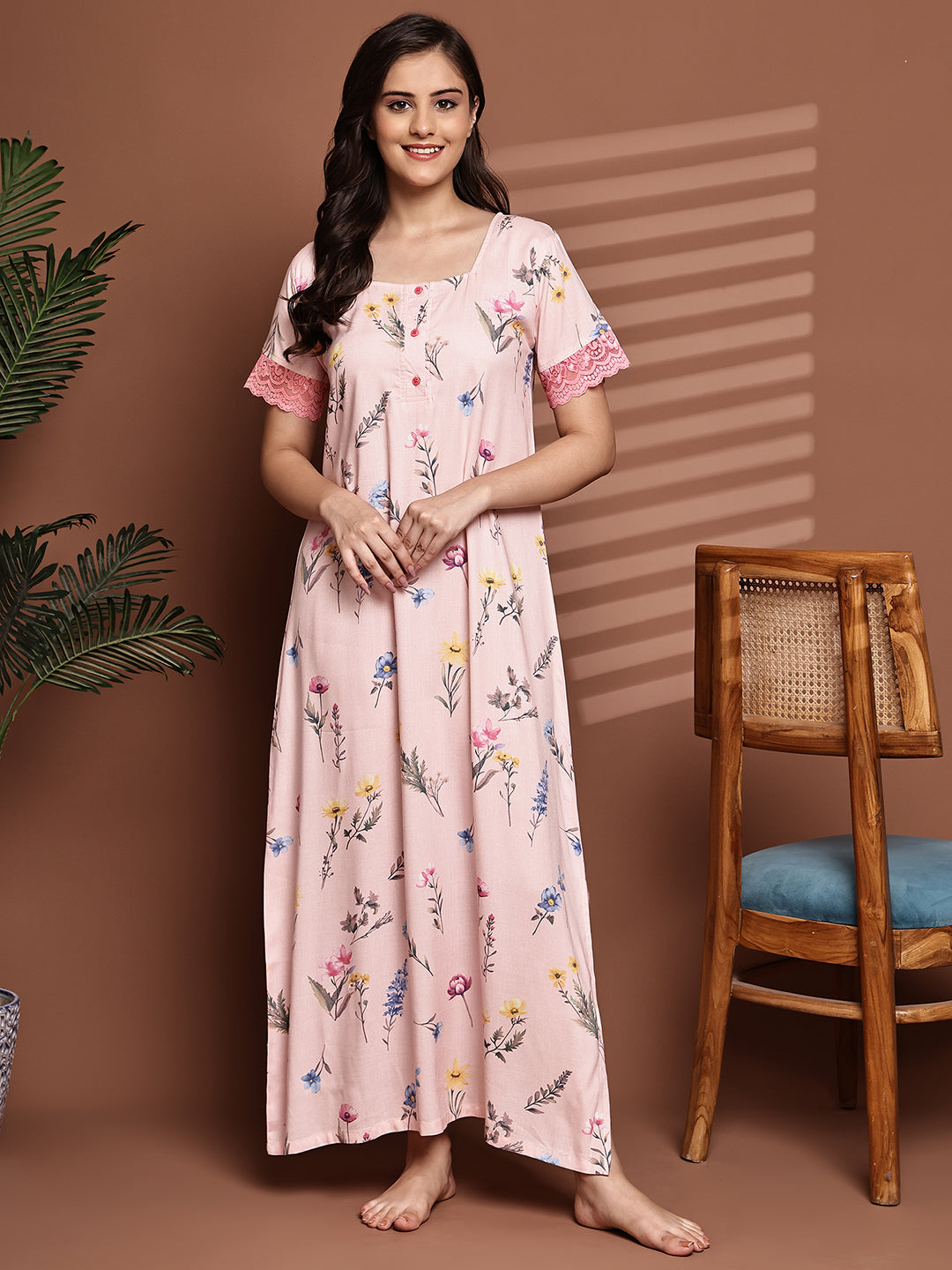 Pink Colour Floral Printed Viscose Rayon Nighty For Women | Claura