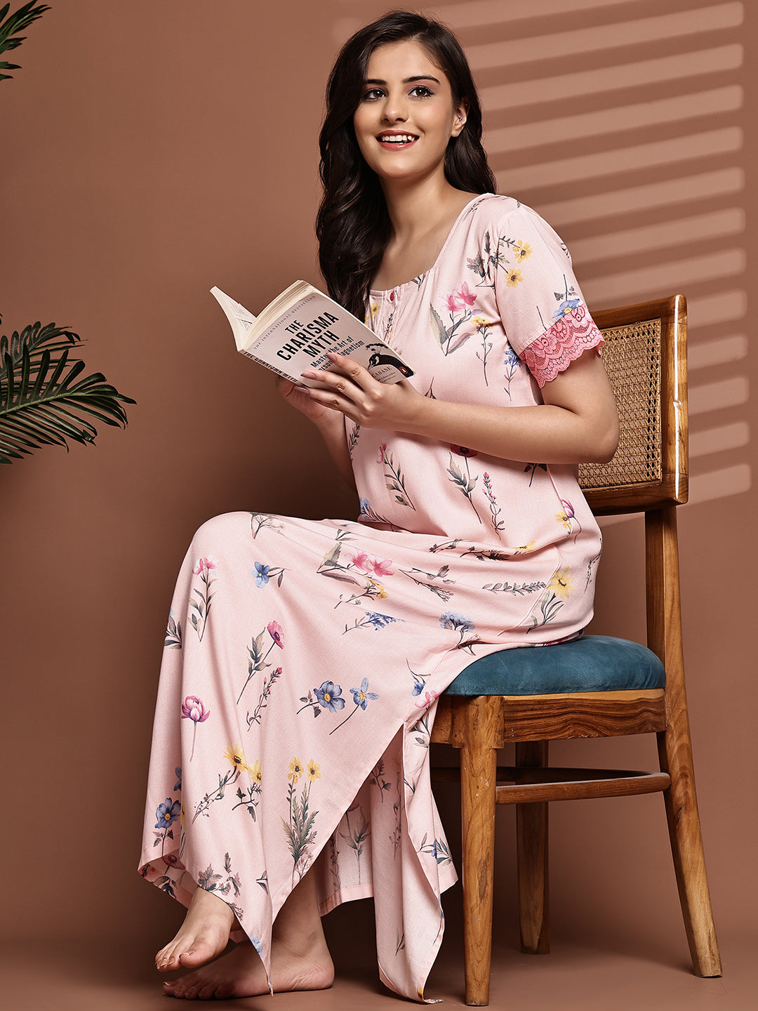 Pink Colour Floral Printed Viscose Rayon Nighty For Women | Claura