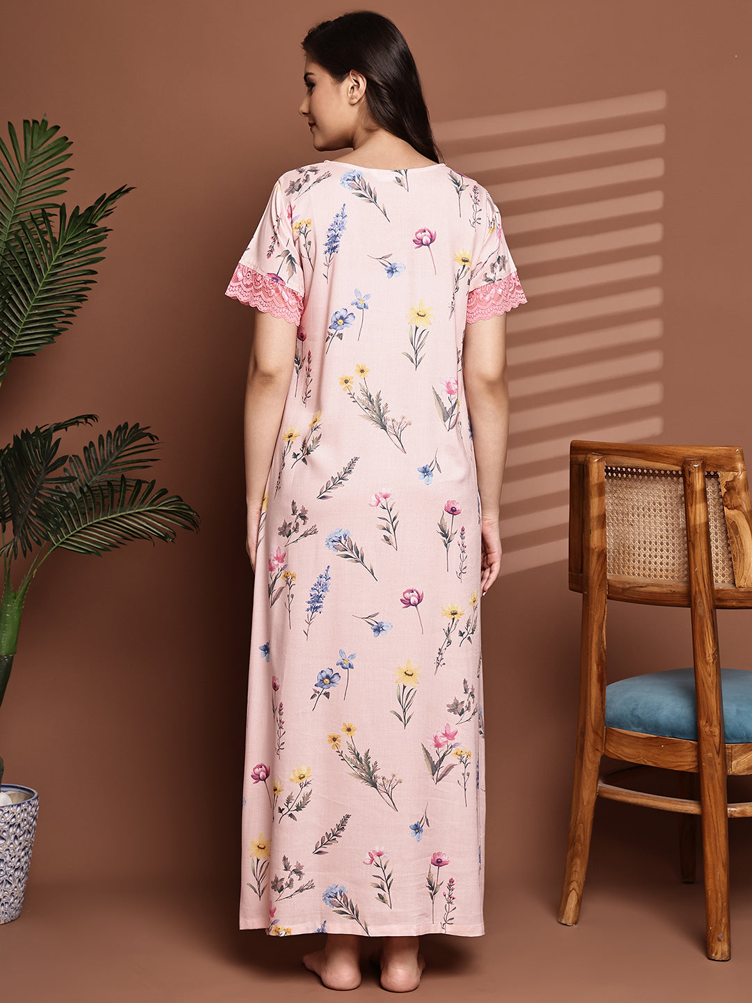 Pink Colour Floral Printed Viscose Rayon Nighty For Women