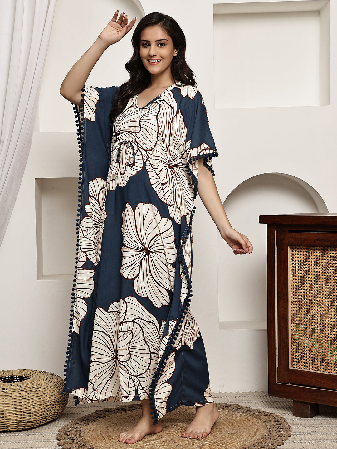 Blue Colour Floral Printed Viscose Rayon Kaftan For Women