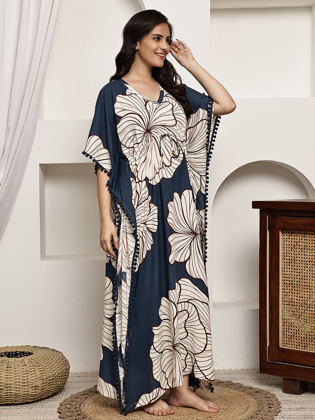 Blue Colour Floral Printed Viscose Rayon Kaftan For Women