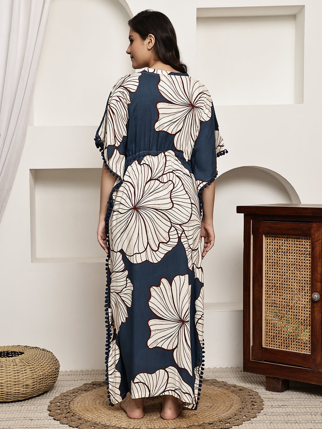 Blue Colour Floral Printed Viscose Rayon Kaftan For Women