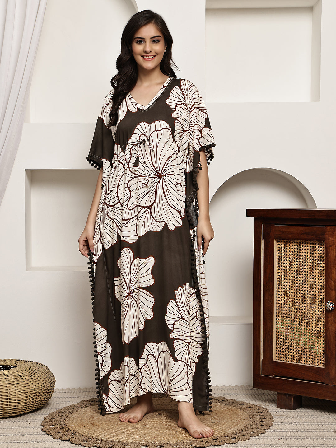 Brown Colour Floral Printed Viscose Rayon Kaftan For Women