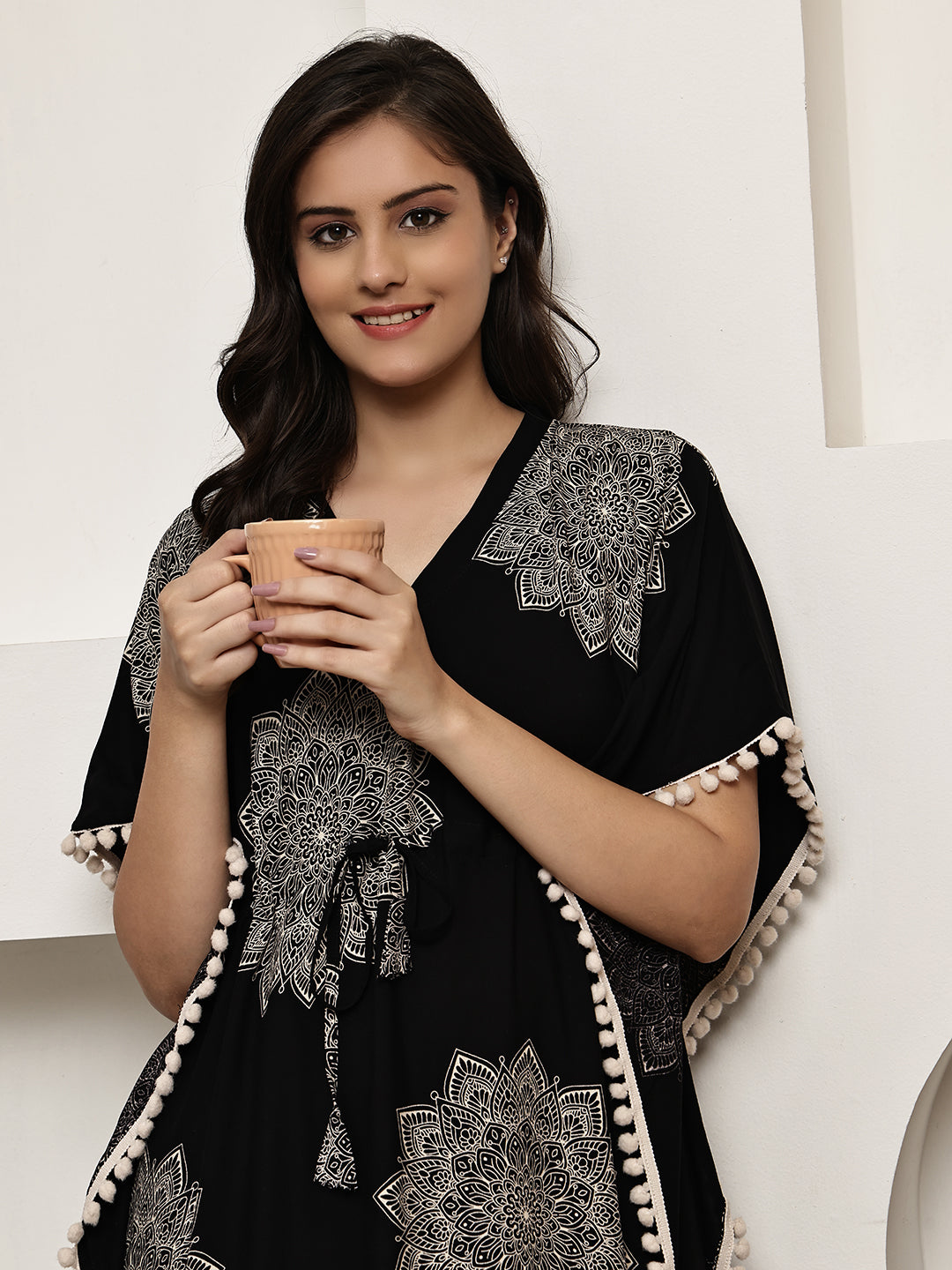 Black Colour Abstract Printed Viscose Rayon Kaftan For Women
