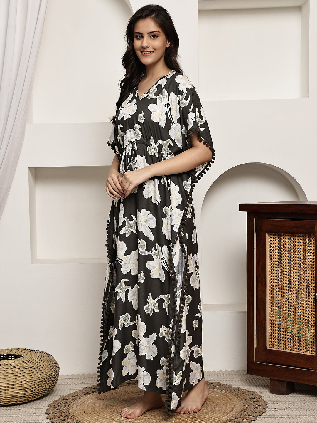 Brown Colour Floral Printed Viscose Rayon Kaftan For Women