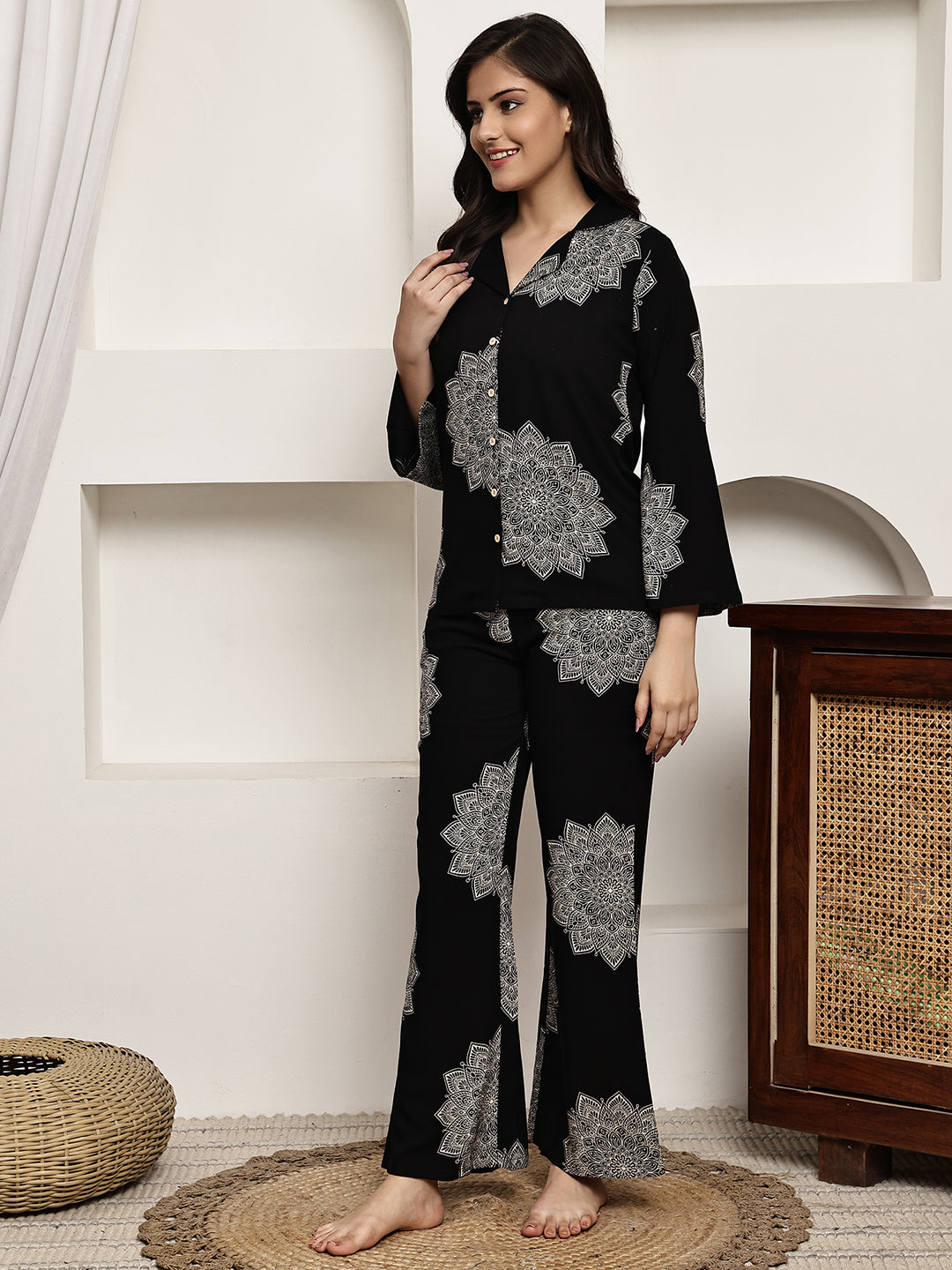 Black Colour Abstract Printed Viscose Rayon Night Suit for Women