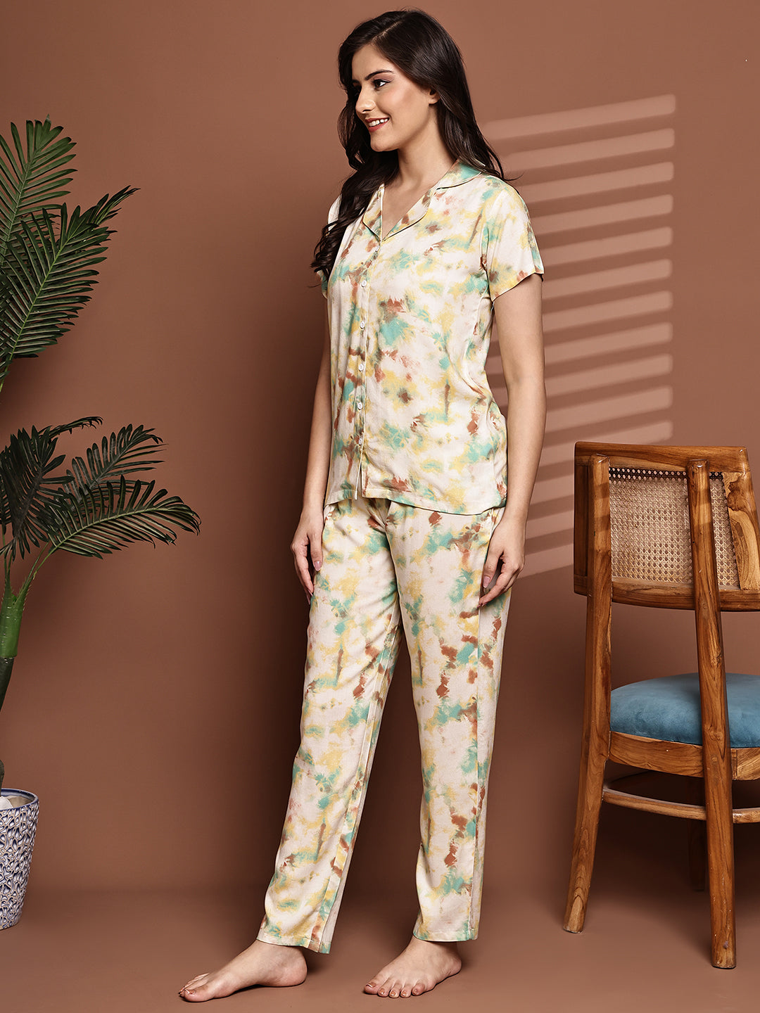 Yellow Colour Graphic Printed Viscose Rayon Night Suit for Women