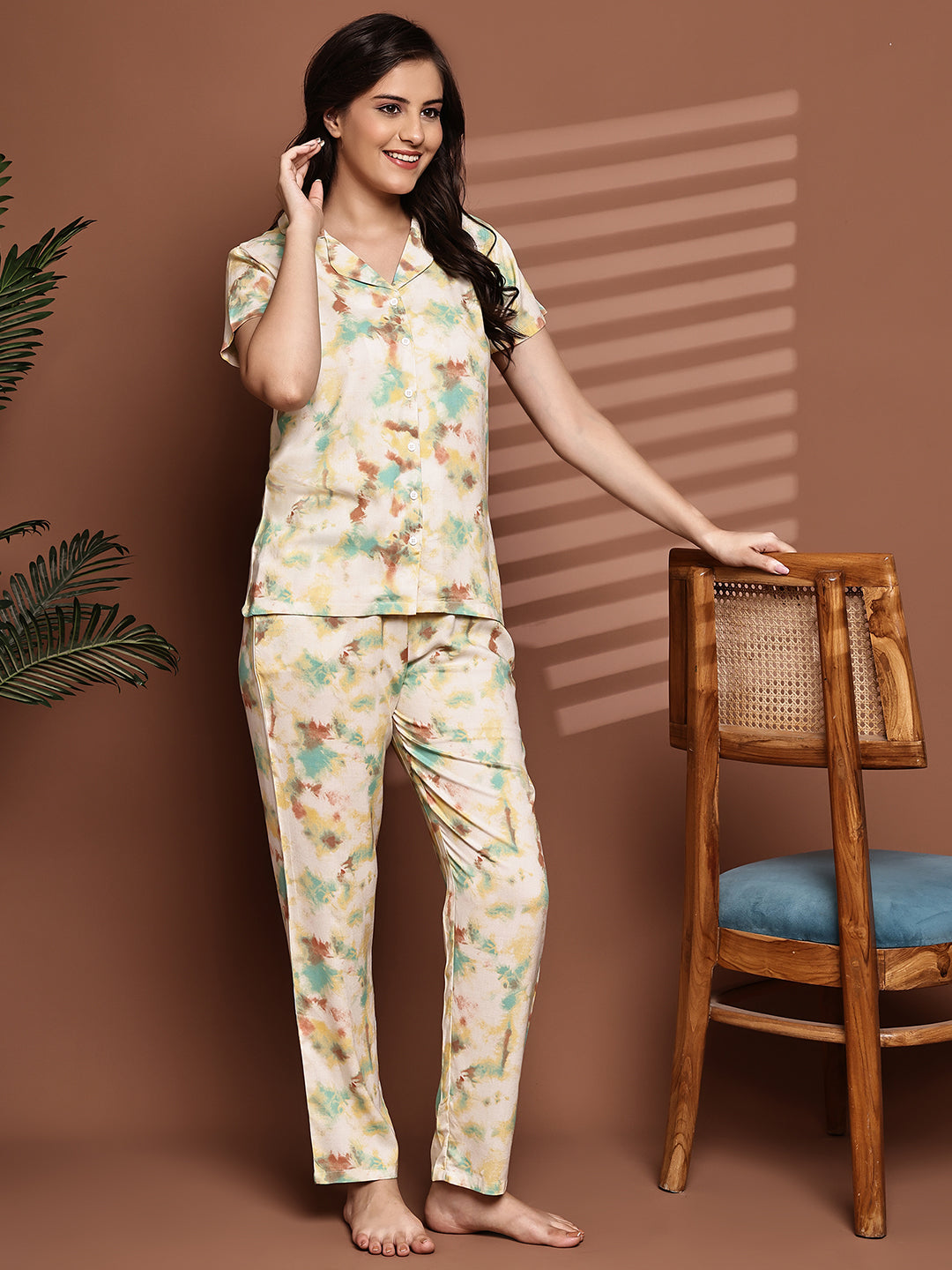 Yellow Colour Graphic Printed Viscose Rayon Night Suit for Women
