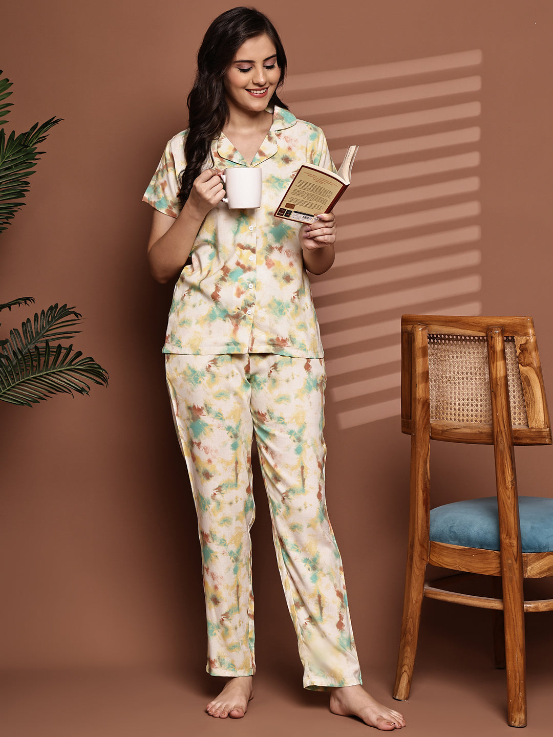 Yellow Colour Graphic Printed Viscose Rayon Night Suit for Women