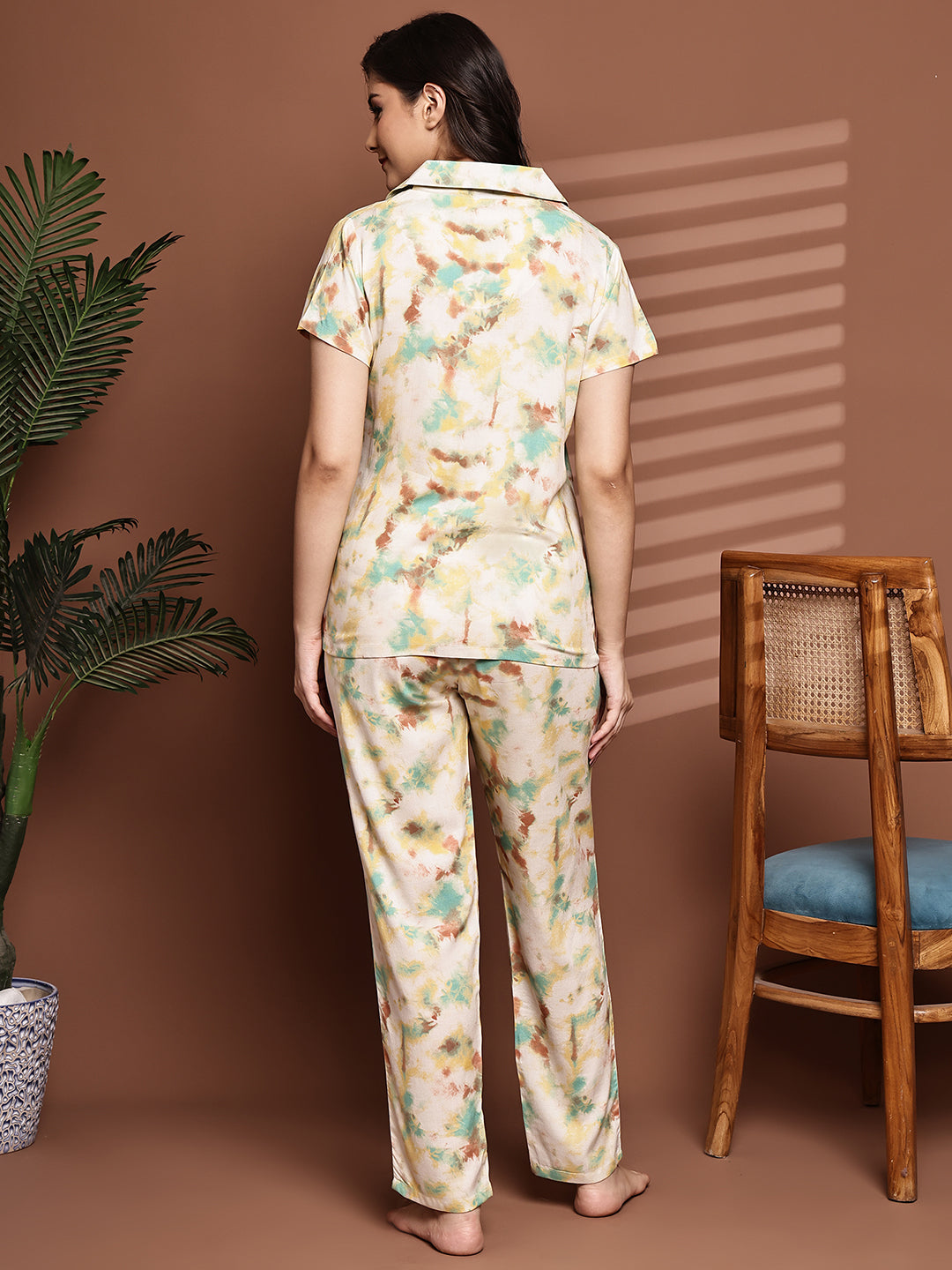 Yellow Colour Graphic Printed Viscose Rayon Night Suit for Women