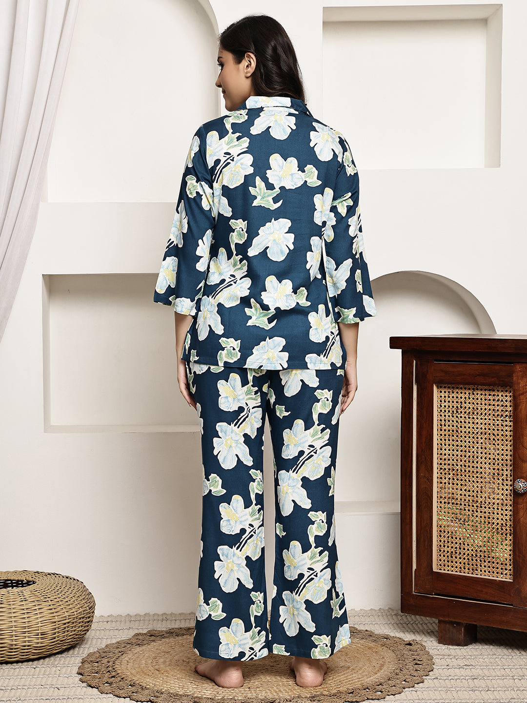 Blue Colour Abstract Printed Viscose Rayon Night Suit for Women