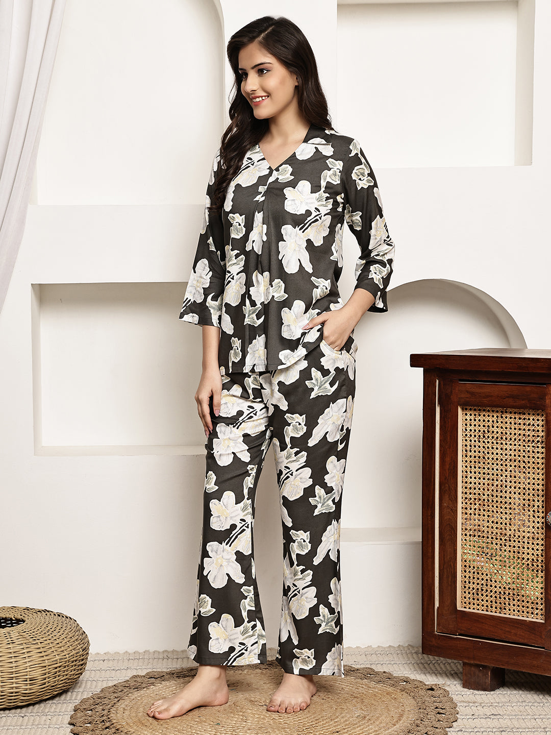 Brown Colour Abstract Printed Viscose Rayon Night Suit