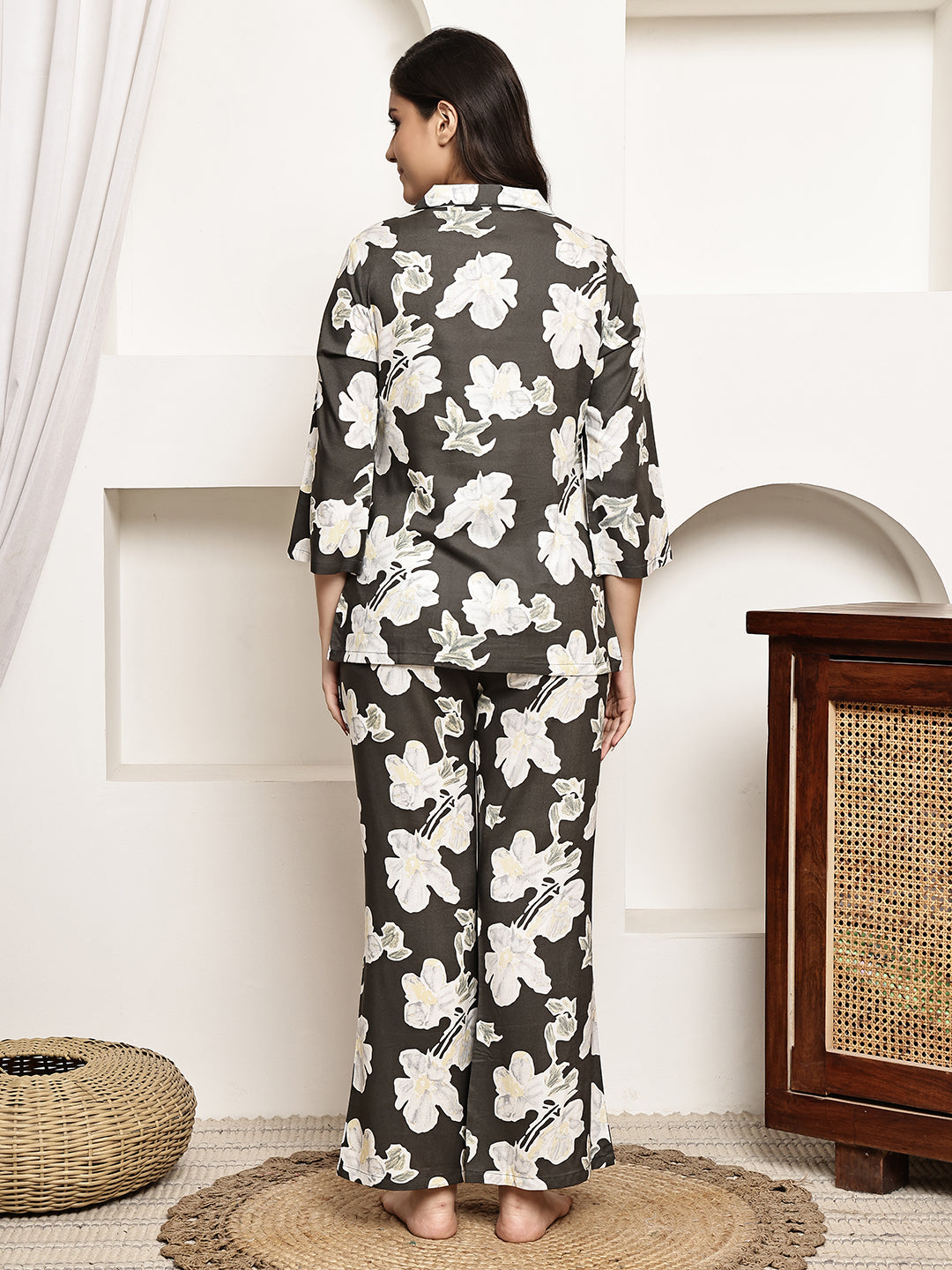 Brown Colour Abstract Printed Viscose Rayon Night Suit