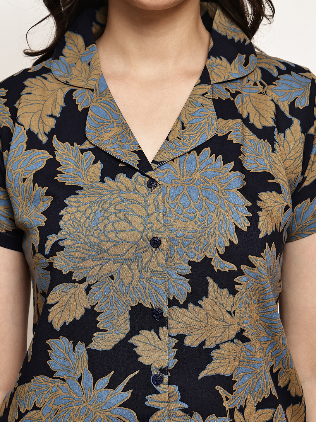 Navy Blue Colour Floral Printed Viscose Rayon Night Suit