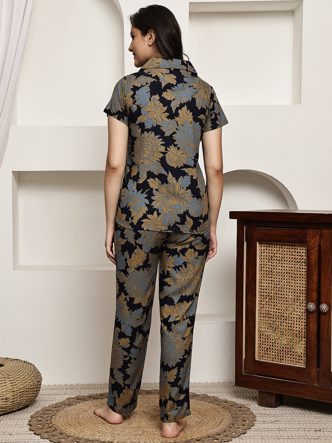 Navy Blue Colour Floral Printed Viscose Rayon Night Suit